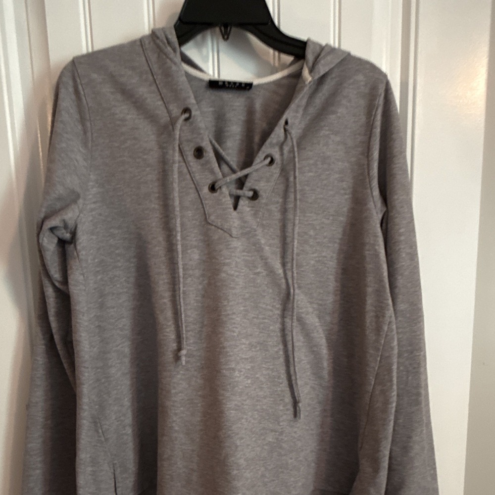 Maven West Women's Gray Lace-Up Hooded V-Neck Pullover Hoodie Size M